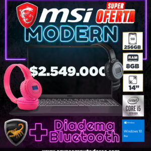 PORTATIL MSI MODERN 14014 INTEL CORE I5 10210U RAM 8GB - SSD 256GB - PANTALLA 14" - WINDOWS 10 PRO - NEGRO + DIADEMA BLUETOOTH